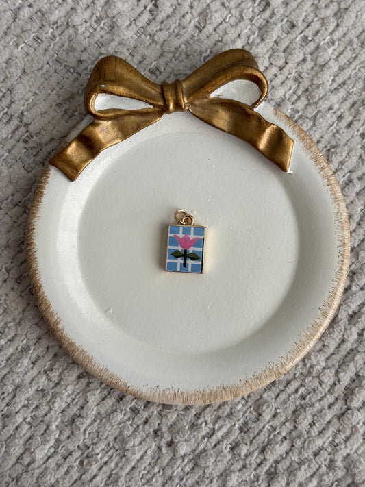 tulip enamel charm (blue grid base)