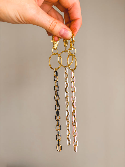 keychain with white, pink or black rolo chain